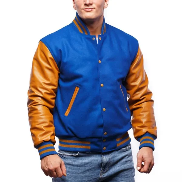 Bright Royal Wool Body & Old Gold Leather Sleeves Letterman Jacket