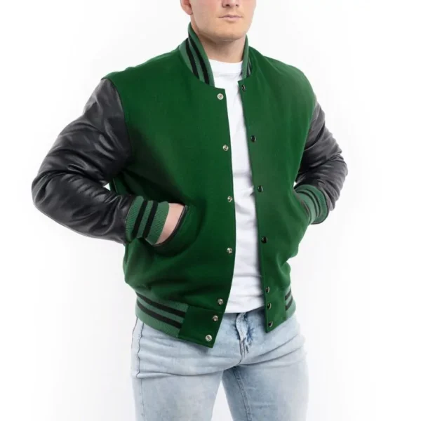 Kelly Green Wool Body & Black Leather Sleeves Letterman Jacket