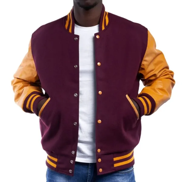 Maroon Bright Gold Leather Sleeves Letterman Jacket