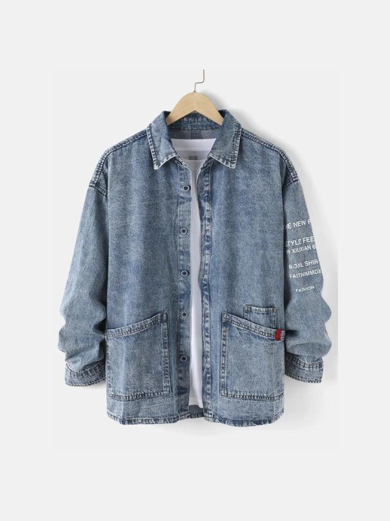 Mens Letter Sleeve Cotton Denim Jacket – Blue